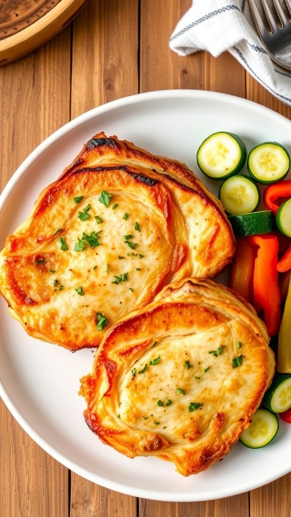 Golden brown air fryer boneless pork chops garnished with herbs, served with sautéed zucchini and bell peppers.